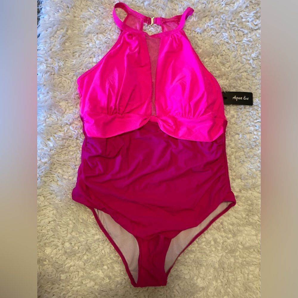 Aqua Eve Pink One-Piece Swimsuit Size 18 NWT Mesh Panel Tummy Control - Picture 3 of 9